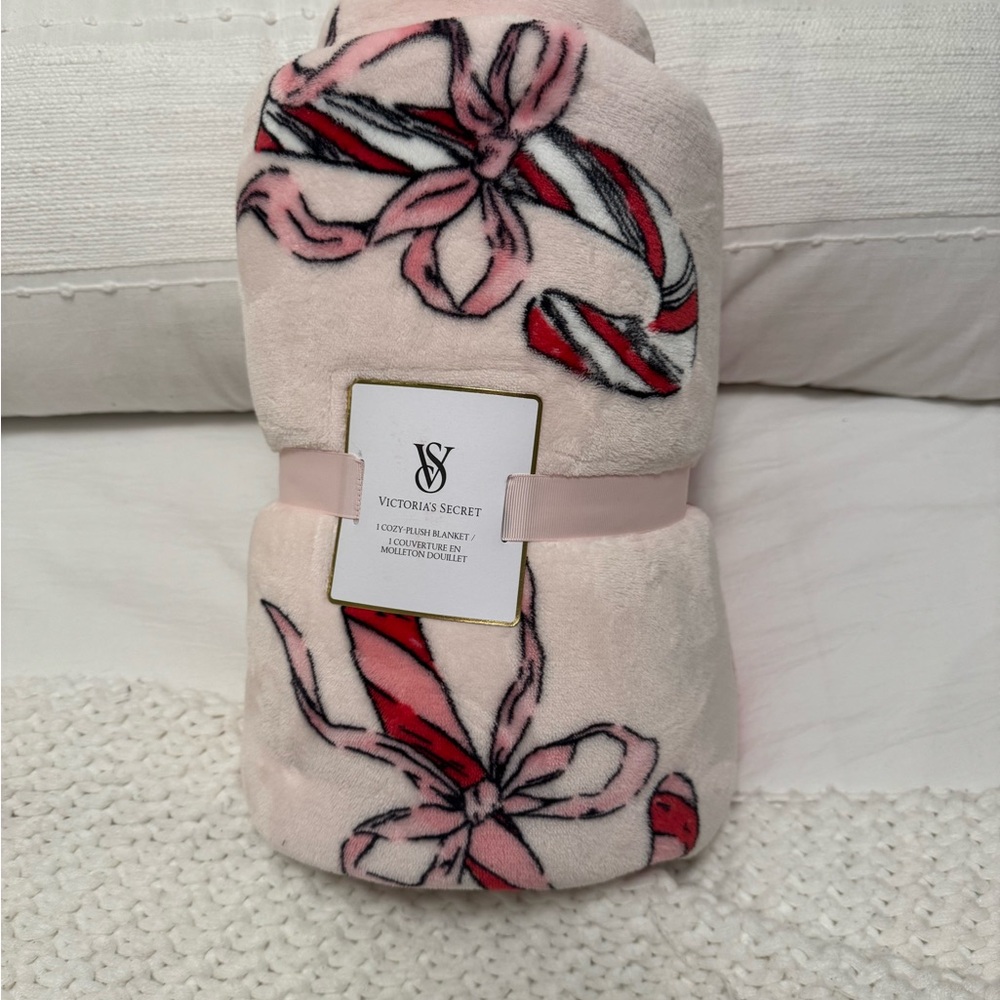 Victoria's Secret Pink and Red Bow with candy canes holiday Blanket